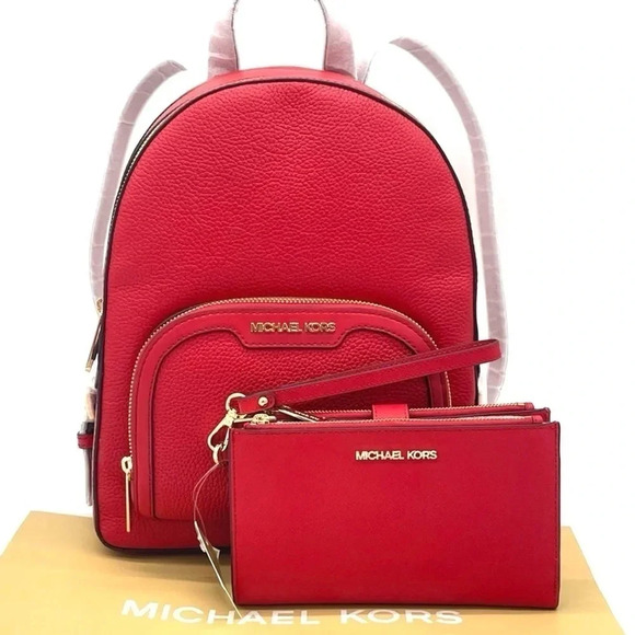 Michael Kors Jaycee Medium Backpack & Double Zip Wallet Wristlet Red (NWT) - Picture 2 of 12